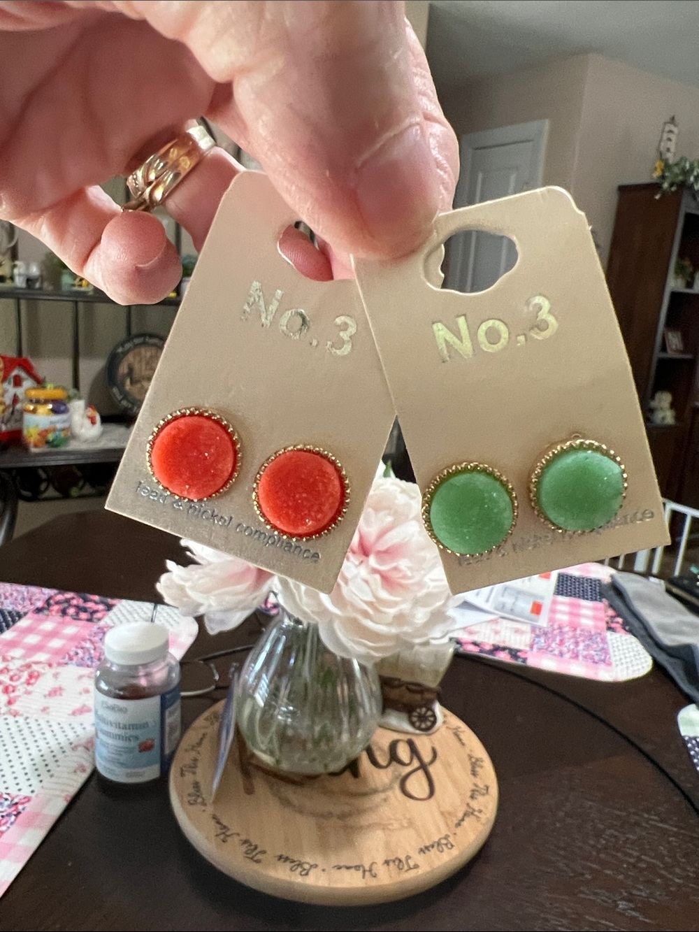 New Round Stud Earrings - Green and Coral